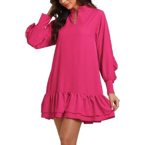 Vrtige Women's Collar V Neck Long Sleeve Tiered Ruffle Hem Swing Mini Short Dress