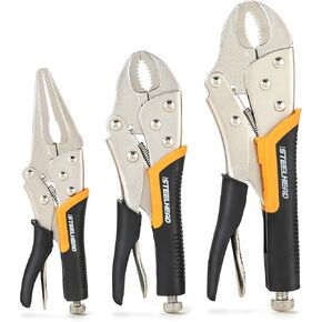 STEELHEAD 3-Piece Locking Pliers Set, 10-inch Curved Jaw, 7-Inch Curved Jaw & 6-1/2" Long Nose Straight Jaw, Integrated Wire Cutter, USA-Based Support