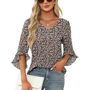 Qirno Chiffon Blouses for Women Ruffle 3/4 Sleeve Dressy V Neck Casual Flowy Tunic Tops