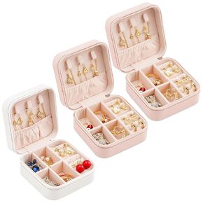 Portable Travel Mini Jewelry Box Leather Jewellery Ring Organizer Case Storage Gift Box Girls Women (white&2pcs pink).