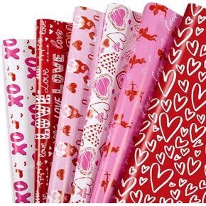 Whaline 12 Sheet Valentine's Day Wrapping Paper 6 Design Love Heart Wrapping Paper Red Pink White Patterned Art Paper for Wedding Anniversary Baby Shower Birthday Gift Wrap, 19.7 x 27.6 Inch