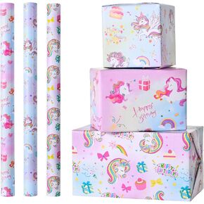 Titiweet Unicorn Wrapping Paper Rolls - Birthday Wrapping Paper Girls, 3 Mini Rolls 17" x 120" Rainbow Unicorn Wrapping Paper for Unicorn Birthday Party (unicorn)