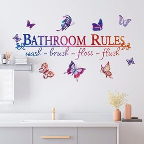 Creative Colorful Quotes Bathroom Rules Wall Stickers Rainbow Butterfly with Educateation Lettering Saying Wall Decals for Bathroom Washroom Washbasin Office Home Decoration