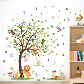 Tree Jungle Animal Wall Decals, Lion Squirrel Deer Bird Wall Stickers Vinyl Peel and Stick Wall Decal Self Adhesive Wall Art Sticker for Baby Nursery Kids Room Living Room Home Decor
