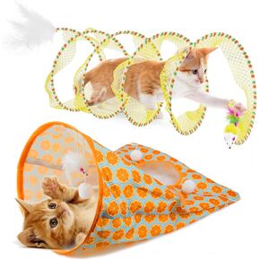 2 Pcs Cat Tunnels for Indoor Cats - S Type Foldable Cat Spiral Tunnel Toy, Decompression Interactive Self-Play Cat Hunting Spiral Tunnel Toy with Ribbon Bell Feather Balls Blue, Blue+Yellow