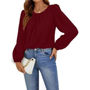 Vrtige Women's Casual Crewneck Pleated Lantern Long Sleeve Blouse Shirt Top