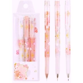 Beautiful Cherry Blossom Gel Liquid Pen Black Ink, Set of 3 Pieces, Assorted Colors, Fine Point 0.5mm, Retractable, Ideal for Back To School and Office Signature Detailing Stylo