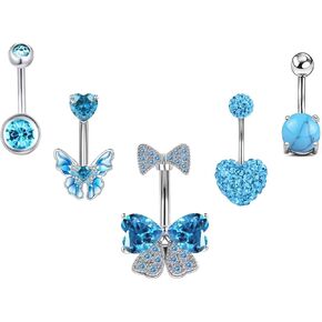 5PCS 14G Belly Button Ring for Women Blue Butterfly Heart Navel Rings Stainless Steel Short Bar CZ Curved Barbells Dangle Body Piercing Jewelry with Gift Box