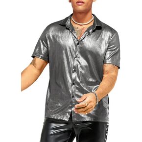 WDIRARA Men's Metallic Short Sleeve Stand Collar Shirt Button Front Lapel Neck Tops