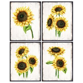 Farmhouse Sunflowers - Rustic Vintage Home Decor, Wall Art, Room Decoration for Kitchen, Dining Room, Bedroom, Bathroom, Apartment - Boho Country Housewarming Gift for Women - Yellow Green Picture Set