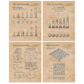 Vintage Chess Game Patent Prints, 4 (8x10) Unframed Photos, Wall Art Decor Gifts for Home Office Man Cave Garage Gaming Studio Lounge School College Student Teacher Coach Las Vegas Checkmate Gamers