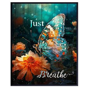 Butterfly Just Breathe Wall Art - Inspirational Gifts for Women, Teen Girls - Farmhouse Wall Art Print - Positive Quotes Posters - Shabby Chic Wall Decor - Rustic Bedroom Decor - inspiring Wall Art