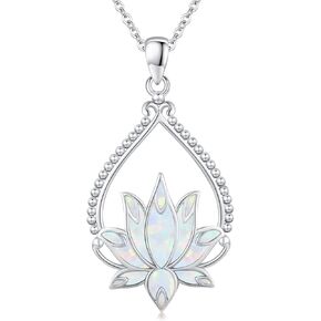 CUOKA MIRACLE Lotus Necklace 925 Sterling Silver Opal Pendant Necklace Lotus Flower Necklace Yoga Necklace Gift for Women Mom