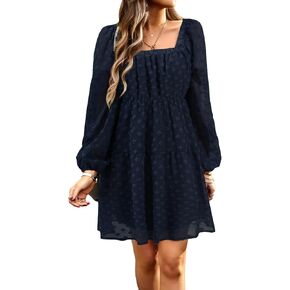 BestWendding Women's Casual Long Sleeve Mini Dress 2023 Fall Square Neck Ruffle Tiered Flowy Babydoll Dress