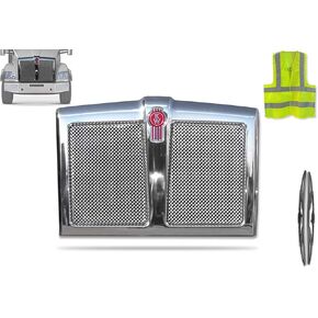 KOZAK Chrome Grille Frame with Bug Screen (Plastic chrome surround) for Kenworth T880 PLUS Kenworth Logo Grill Emblem, 2x22" Windshield Wipers and KOZAK Vest