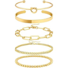 Gold Bracelets for Women Stack,14K Gold Plated Bangle Cuff Bracelet Stack Adjustable Tennis Set Non Tarnish Gold Beaded Paperclip Link Chain Bracelets Jewelry for Women Trendy