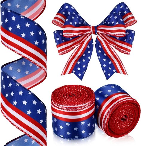 20 Yards 2 Rolls Stars and Stripes Wired Edge Ribbon Independence Day Red White and Blue Ribbon Patriotic American Flag Ribbon 4th of July Satin Ribbon for Memorial Day Party DIY Decor, 2 Inch Wide in Saudi Arabia