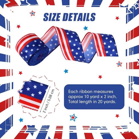 20 Yards 2 Rolls Stars and Stripes Wired Edge Ribbon Independence Day Red White and Blue Ribbon Patriotic American Flag Ribbon 4th of July Satin Ribbon for Memorial Day Party DIY Decor, 2 Inch Wide in Saudi Arabia