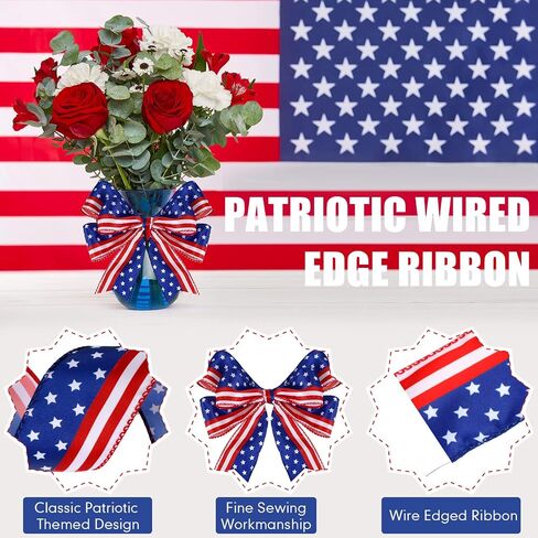 20 Yards 2 Rolls Stars and Stripes Wired Edge Ribbon Independence Day Red White and Blue Ribbon Patriotic American Flag Ribbon 4th of July Satin Ribbon for Memorial Day Party DIY Decor, 2 Inch Wide in Saudi Arabia