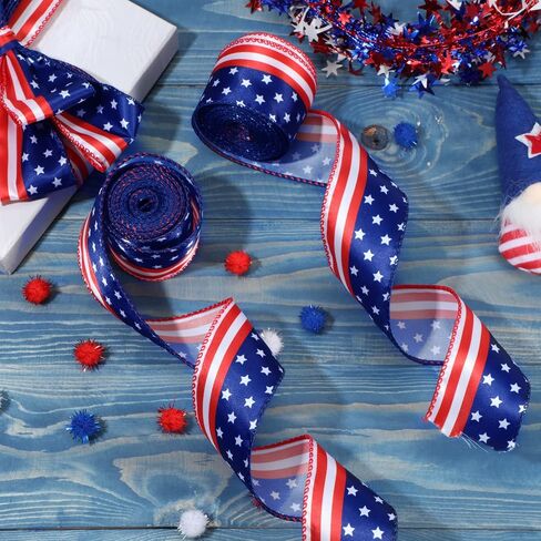 20 Yards 2 Rolls Stars and Stripes Wired Edge Ribbon Independence Day Red White and Blue Ribbon Patriotic American Flag Ribbon 4th of July Satin Ribbon for Memorial Day Party DIY Decor, 2 Inch Wide in Saudi Arabia