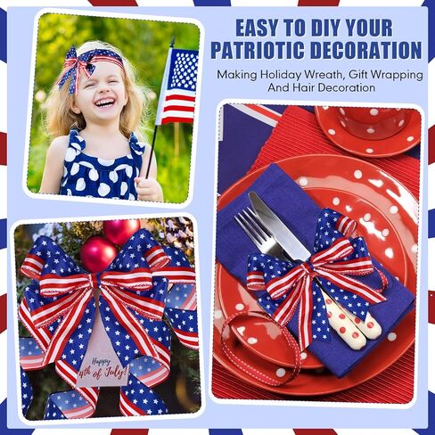 20 Yards 2 Rolls Stars and Stripes Wired Edge Ribbon Independence Day Red White and Blue Ribbon Patriotic American Flag Ribbon 4th of July Satin Ribbon for Memorial Day Party DIY Decor, 2 Inch Wide in Saudi Arabia