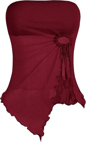 SOLY HUX Women's Mesh Drawstring Split Tube Top Strapless Sleeveless Asymmetrical Hem Summer Tops in Saudi Arabia