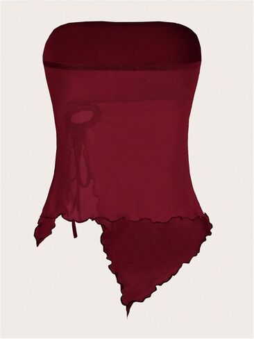 SOLY HUX Women's Mesh Drawstring Split Tube Top Strapless Sleeveless Asymmetrical Hem Summer Tops in Saudi Arabia
