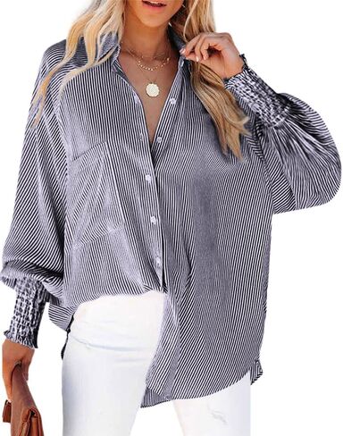 OPOIPIN Women's Striped Print Shirred Long Sleeve Button Down Pocket Blouse Shirt Top in Kuwait