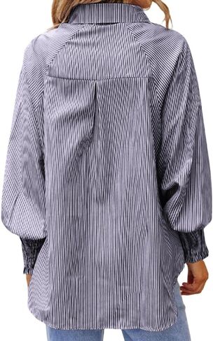 OPOIPIN Women's Striped Print Shirred Long Sleeve Button Down Pocket Blouse Shirt Top in Kuwait