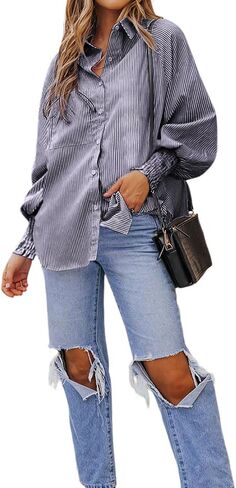 OPOIPIN Women's Striped Print Shirred Long Sleeve Button Down Pocket Blouse Shirt Top in Kuwait