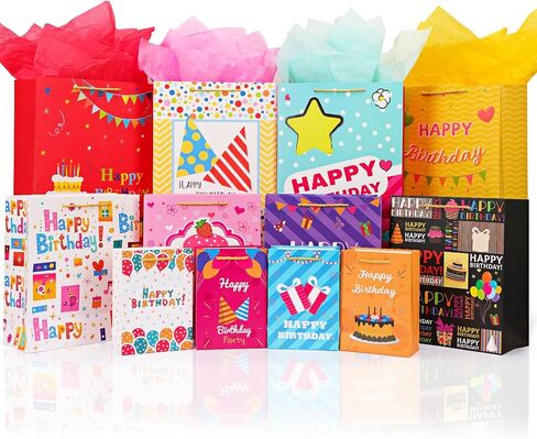 Moretoes 12 Pack Birthday Gift Bags Assorted Sizes and Designs, Gift Bag Set with Handle and Tissue Paper for Birthday Party Supplies (4 Extra Large 16", 4 Large 13", 4 Small 8") in Saudi Arabia