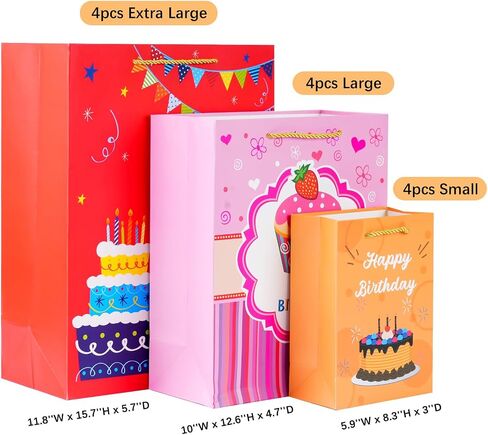 Moretoes 12 Pack Birthday Gift Bags Assorted Sizes and Designs, Gift Bag Set with Handle and Tissue Paper for Birthday Party Supplies (4 Extra Large 16", 4 Large 13", 4 Small 8") in Saudi Arabia