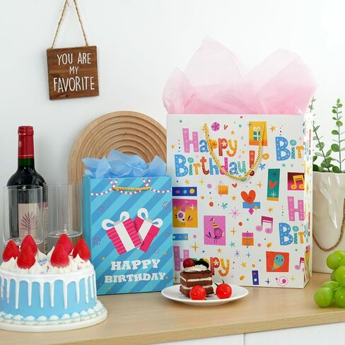 Moretoes 12 Pack Birthday Gift Bags Assorted Sizes and Designs, Gift Bag Set with Handle and Tissue Paper for Birthday Party Supplies (4 Extra Large 16", 4 Large 13", 4 Small 8") in Saudi Arabia