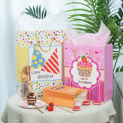 Moretoes 12 Pack Birthday Gift Bags Assorted Sizes and Designs, Gift Bag Set with Handle and Tissue Paper for Birthday Party Supplies (4 Extra Large 16", 4 Large 13", 4 Small 8") in Saudi Arabia