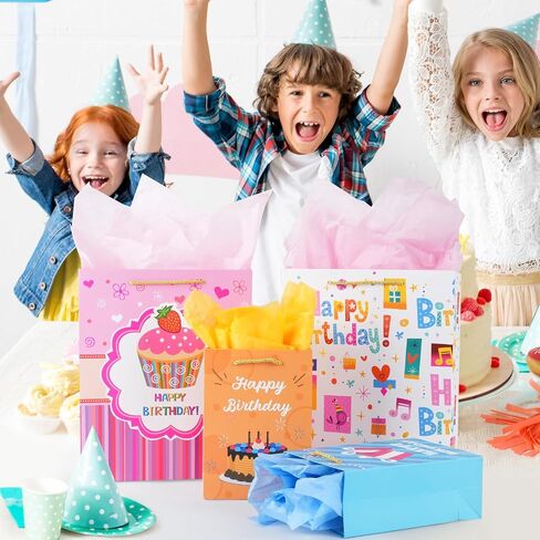 Moretoes 12 Pack Birthday Gift Bags Assorted Sizes and Designs, Gift Bag Set with Handle and Tissue Paper for Birthday Party Supplies (4 Extra Large 16", 4 Large 13", 4 Small 8") in Saudi Arabia