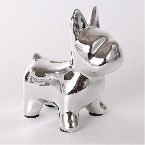 Silver Dog Statues Home Decor with Non-Slip Pad, Ceramic Frenchie Decor, Coin Piggy Bank, French Bulldog Figurines Home Decor Accents for Living Room, Modern Art Bookshelf Decorative Objects in Saudi Arabia