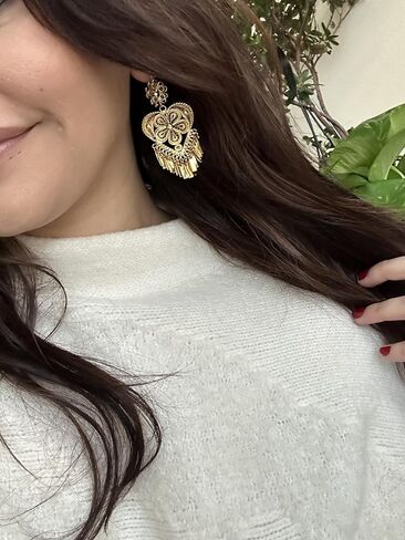 Folklorico Dance Traditional Mexican Gold Filigree Earrings, Heart Shape Earrings, Day of the Dead, Mexican Earrings, Heart Earrings in Saudi Arabia