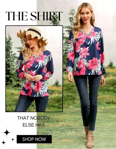 ZXZY Womens Hawaiian Shirt Vintage Leaf Floral Printed Tropical Tops V Neck Puff Long Sleeves Shirts in Kuwait