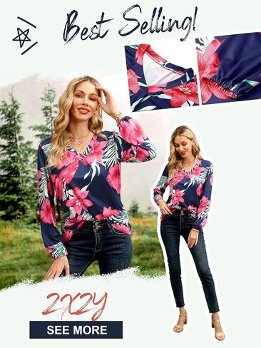ZXZY Womens Hawaiian Shirt Vintage Leaf Floral Printed Tropical Tops V Neck Puff Long Sleeves Shirts in Kuwait