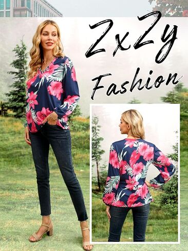 ZXZY Womens Hawaiian Shirt Vintage Leaf Floral Printed Tropical Tops V Neck Puff Long Sleeves Shirts in Kuwait