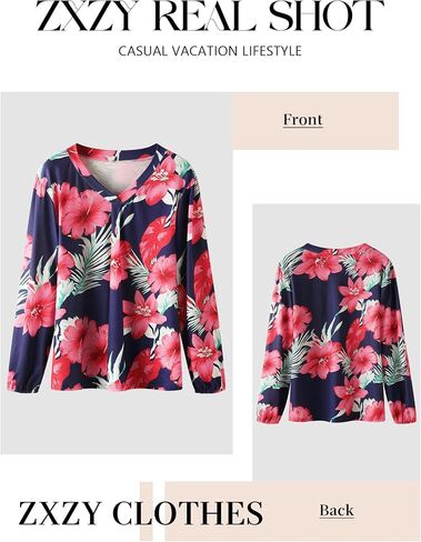 ZXZY Womens Hawaiian Shirt Vintage Leaf Floral Printed Tropical Tops V Neck Puff Long Sleeves Shirts in Kuwait