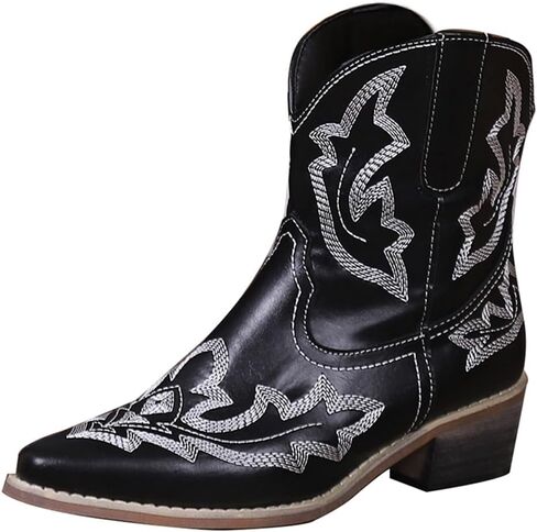 Women's Cowboy Cowgirl Boots Ankle Western Short Booties | Pointed Toe, Low Chunky Heel, Embroidered, Fashion Classic Design, Great for Country Concert Music Festivals Theme Party in Kuwait