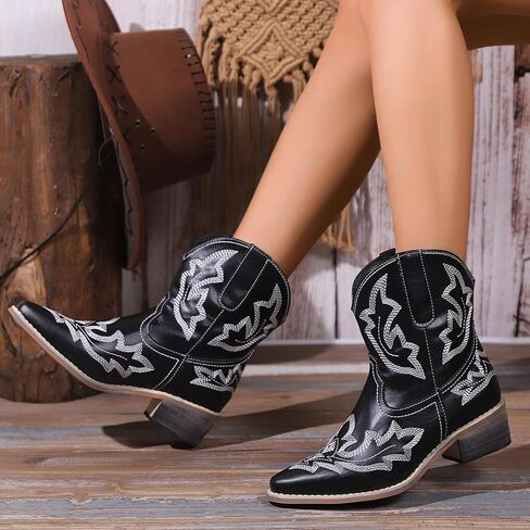 Women's Cowboy Cowgirl Boots Ankle Western Short Booties | Pointed Toe, Low Chunky Heel, Embroidered, Fashion Classic Design, Great for Country Concert Music Festivals Theme Party in Kuwait