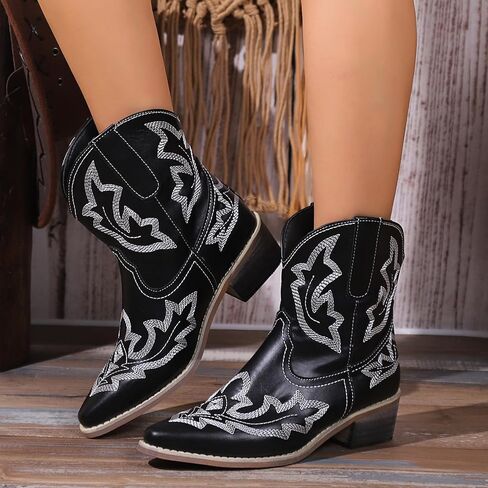 Women's Cowboy Cowgirl Boots Ankle Western Short Booties | Pointed Toe, Low Chunky Heel, Embroidered, Fashion Classic Design, Great for Country Concert Music Festivals Theme Party in Kuwait