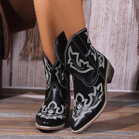 Women's Cowboy Cowgirl Boots Ankle Western Short Booties | Pointed Toe, Low Chunky Heel, Embroidered, Fashion Classic Design, Great for Country Concert Music Festivals Theme Party in Kuwait