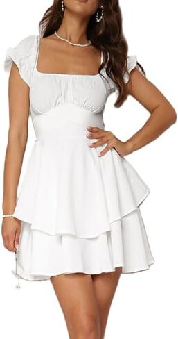 Women Graduation Dress Tiered Square Neck Mini Dresses Smocked Flowy Sundress Elegant Formal Sundresses in Saudi Arabia