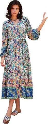R.Vivimos Women's Long Sleeve Boho Midi Dress V Neck Floral Print Casual Button Down Loose Ruffle Beach Long Dress with Belt in Saudi Arabia