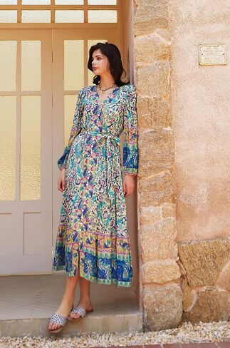 R.Vivimos Women's Long Sleeve Boho Midi Dress V Neck Floral Print Casual Button Down Loose Ruffle Beach Long Dress with Belt in Saudi Arabia