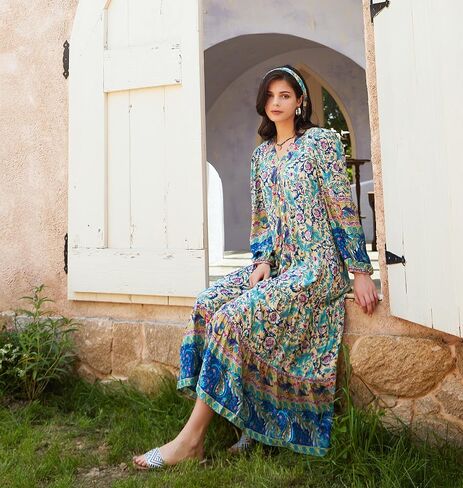 R.Vivimos Women's Long Sleeve Boho Midi Dress V Neck Floral Print Casual Button Down Loose Ruffle Beach Long Dress with Belt in Saudi Arabia