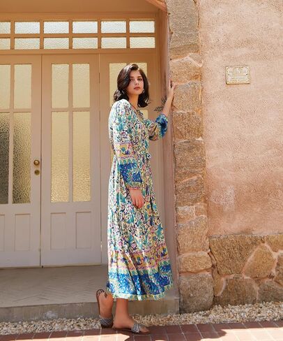 R.Vivimos Women's Long Sleeve Boho Midi Dress V Neck Floral Print Casual Button Down Loose Ruffle Beach Long Dress with Belt in Saudi Arabia